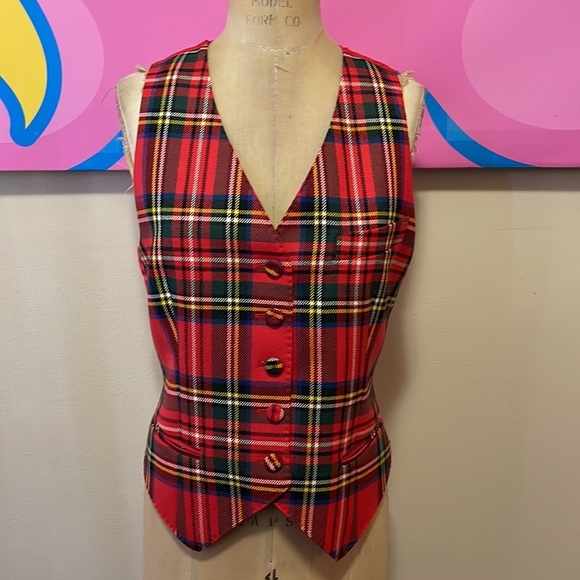 Moschino Red Tartan Plaid Wool Vest - Picture 2 of 12